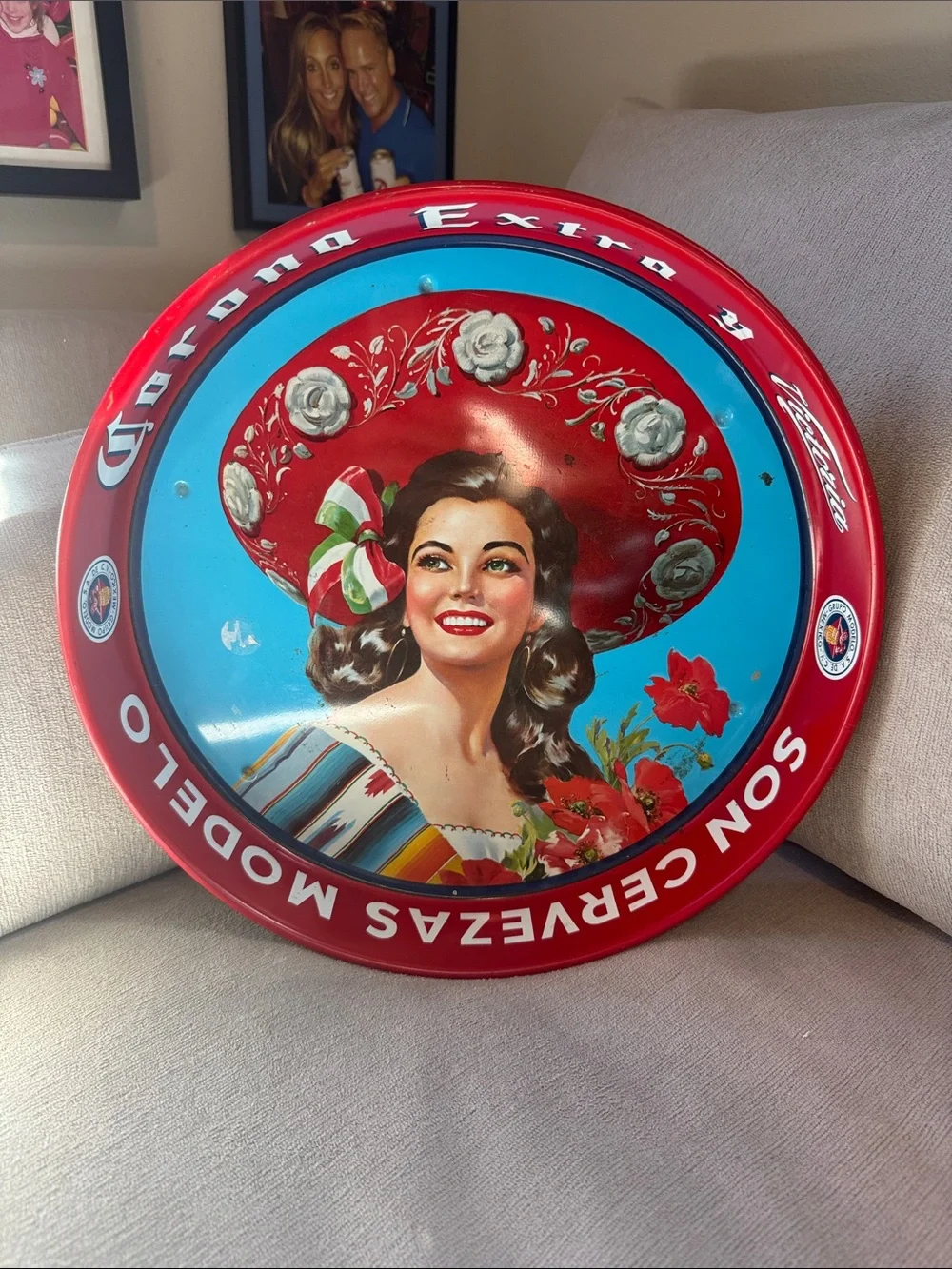 Vintage Red and Blue Mexican Lady Wall Tray by Vintage